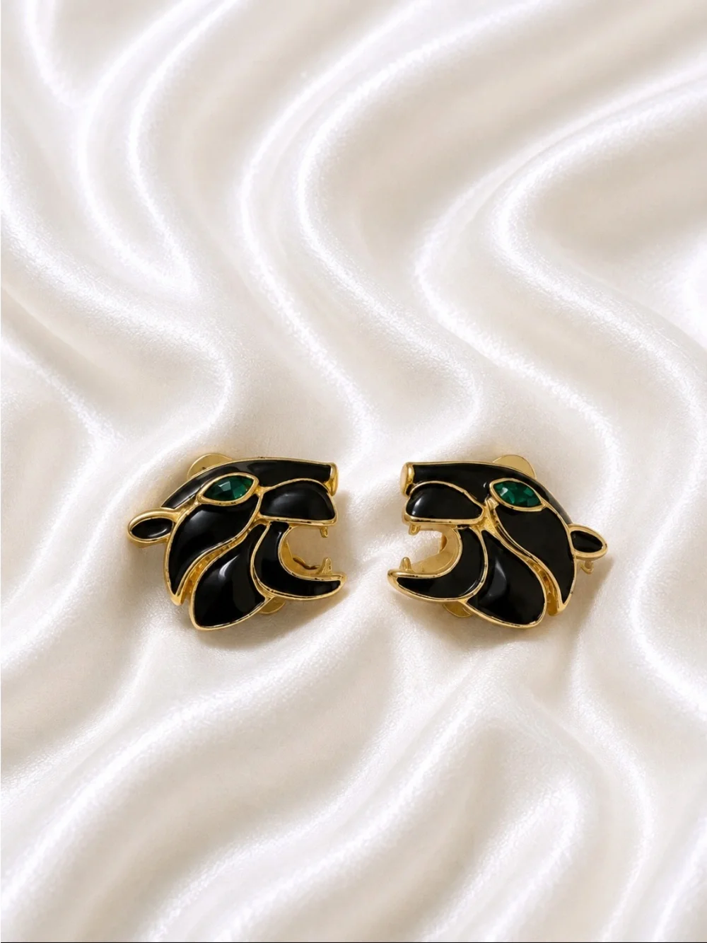 Gold-Tone Black Panther Head Clip-on Earrings with Green Eyes